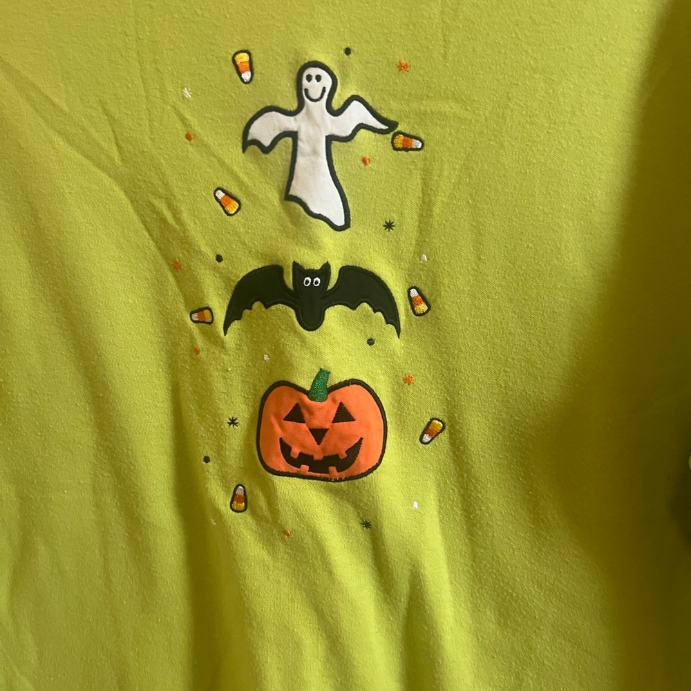 Mountain Lake Halloween Ghost Bat Pumpkin Candy Corn Long Sleeve Tee Green M - Picture 3 of 5